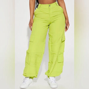 NWT FASHION NOVA Unapologetic Nylon Cargo Jogger Pant Lime green size small S